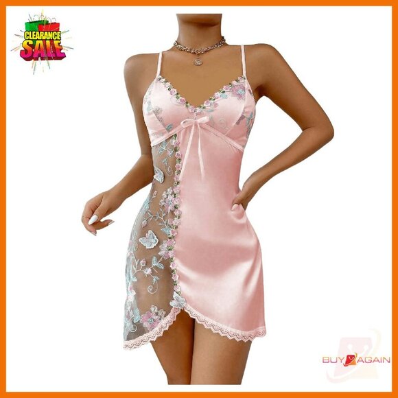 Sheer Mesh Floral Embroidery Chemise Nightgown Satin Slip Dress